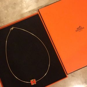 Hermes Orange H Cube Gold Tone Necklace